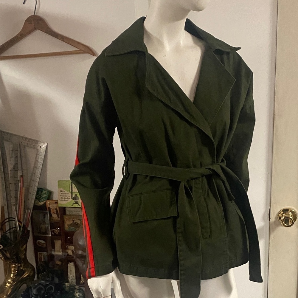 Papaya Dark Green Utility Jacket with Red Accent
